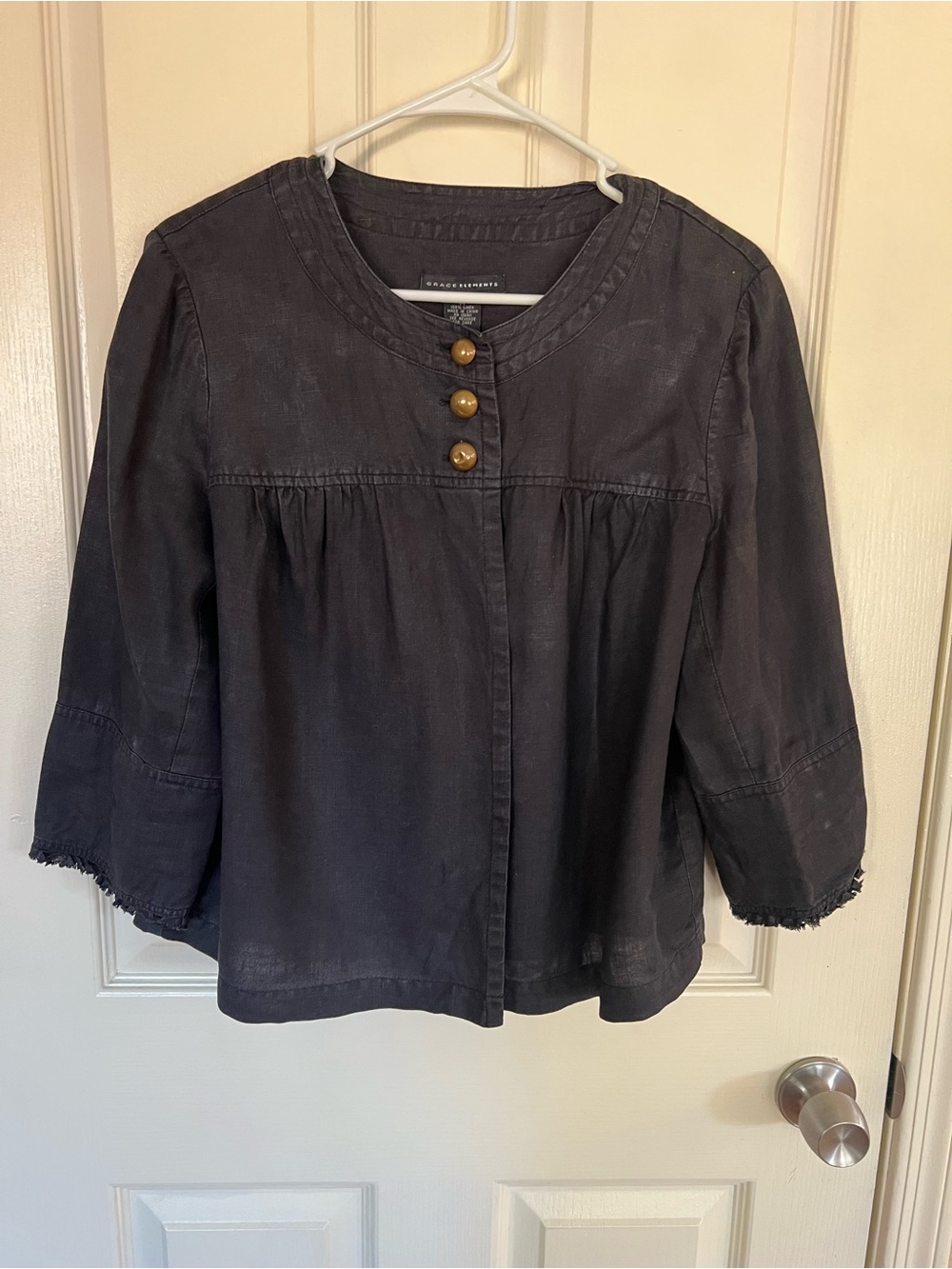 Grace Elements 100% Linen Soft  Black Button Front Blouse Size 14